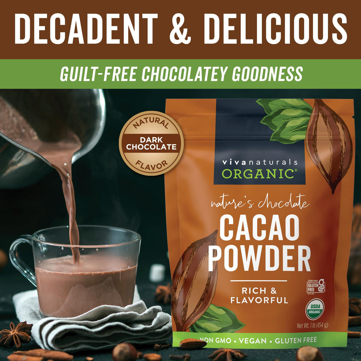 Viva Naturals Organic Cacao Powder scoop shows easy portioning
