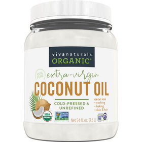 Viva Naturals Organic Coconut Oil bottle showcases a 54 oz size for versatile cooking and skin care.