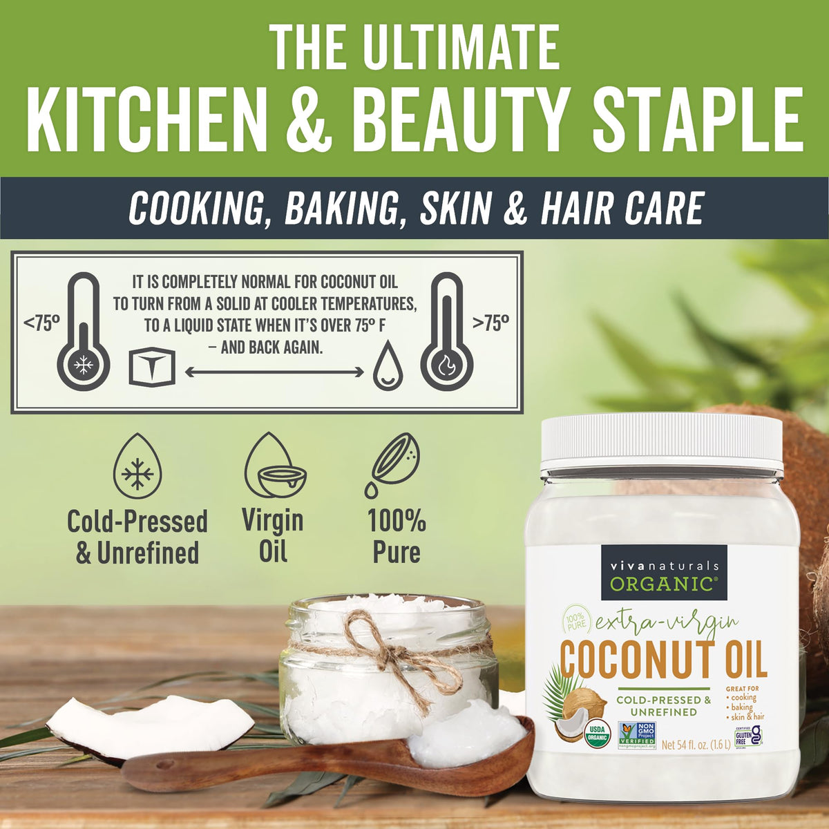Viva Naturals coconut oil for hair care emphasizes hydration and shine.