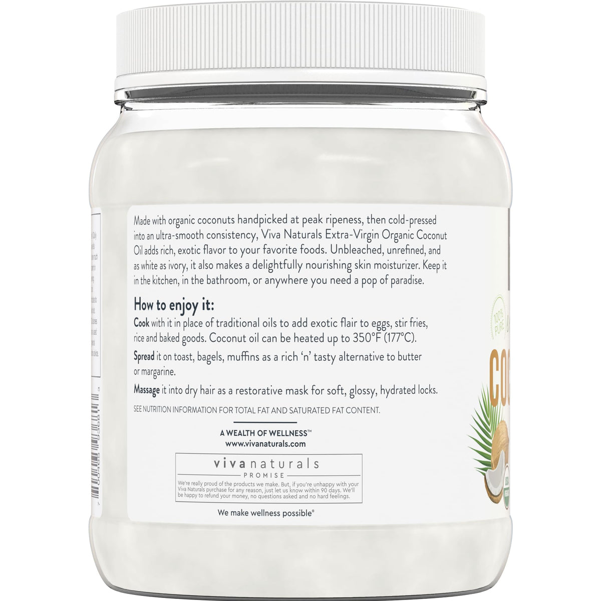 Viva Naturals coconut oil jar paired with measuring cup suggests easy portioning.