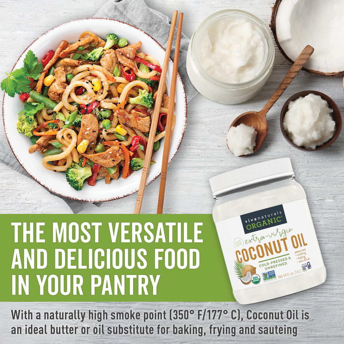 Viva Naturals bottle beside spoon and pan conveys kitchen versatility.