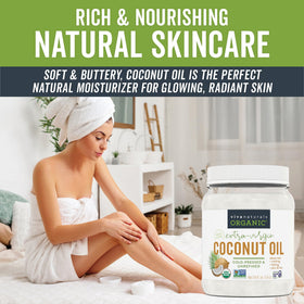 Viva Naturals coconut oil for skin care highlights moisturizing body use.
