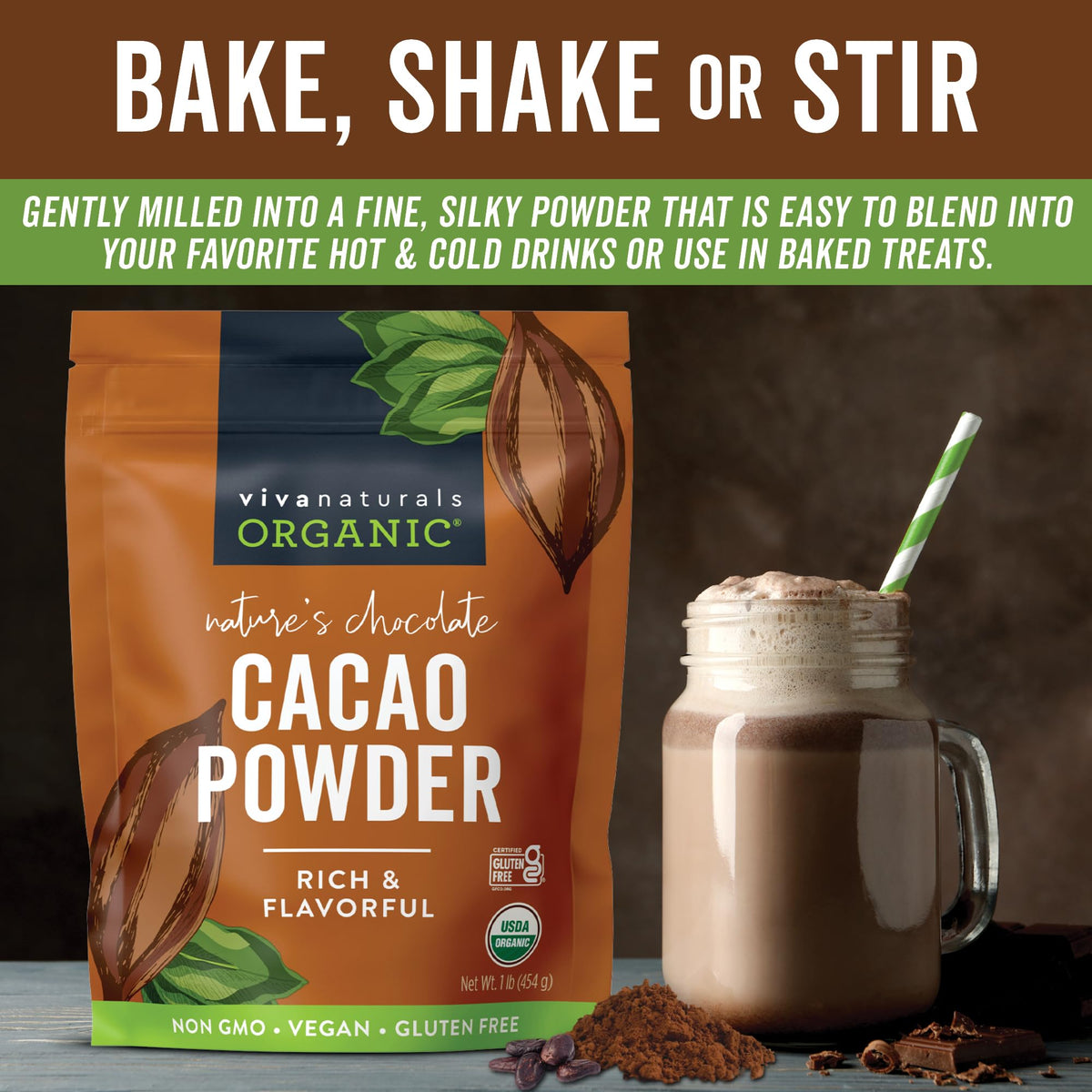 Viva Naturals unsweetened cacao powder bag ready for keto recipes