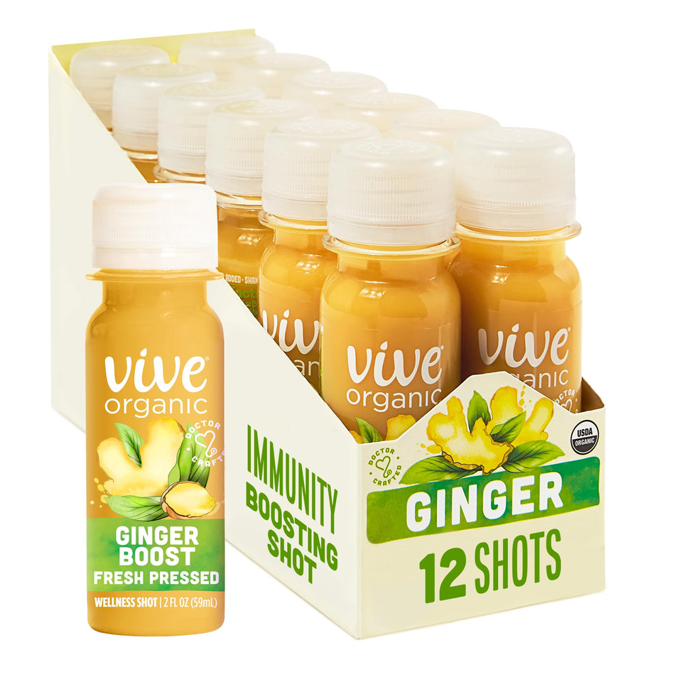 Vive Organic Immune Shot bottle front view highlighting ginger and turmeric for a zesty daily ritual