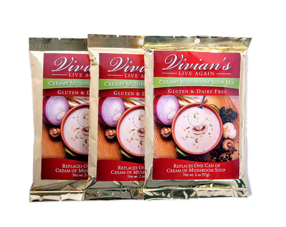 Vivian's Live Again cream of mushroom soup mix front label shows dairy-free, gluten-free promise for gluten-free meals