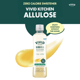 Close-up of VIVID KITCHEN Allulose Syrup label highlighting monk fruit and stevia blend