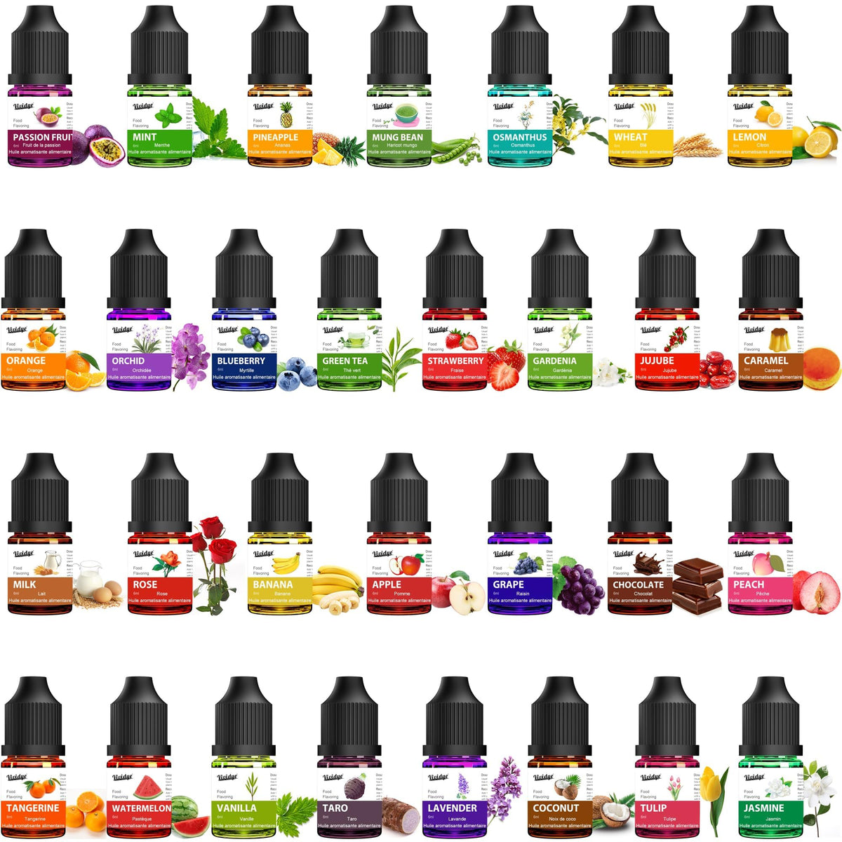 Vividye 30-bottle flavor oil set for versatile cooking and DIY crafts.