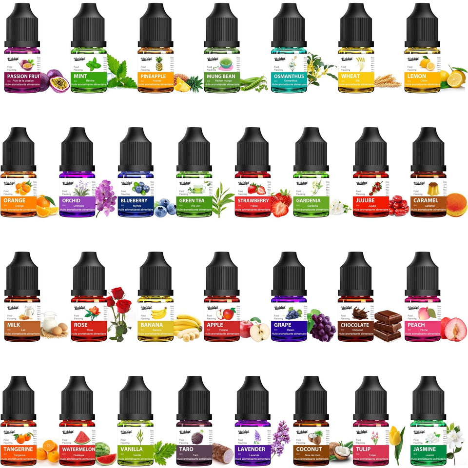 Vividye 30-bottle flavor oil set for versatile cooking and DIY crafts.