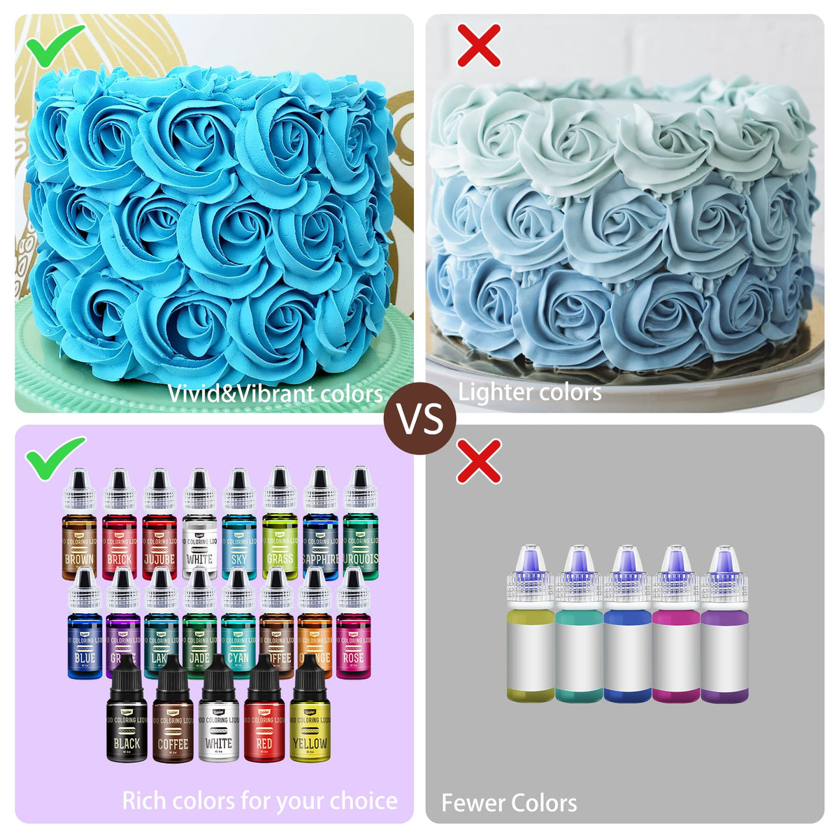 Vividye cupcakes with vibrant frosting using liquid color dyes.