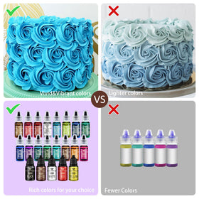 Vividye cupcakes with vibrant frosting using liquid color dyes.