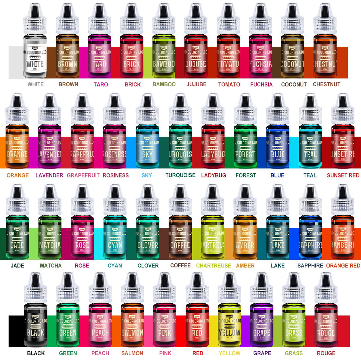 Vividye water-based food coloring set showing easy squeeze bottles for precise drops.