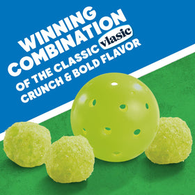 Close-up of Vlasic Pickle Balls texture, dill flavor crunch for game-day snacking.
