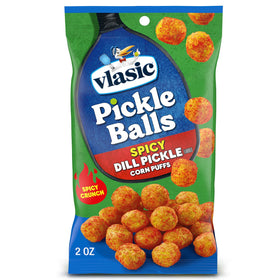 Vlasic Pickle Balls Spicy Dill Corn Puffs front-pack showcases bold flavor