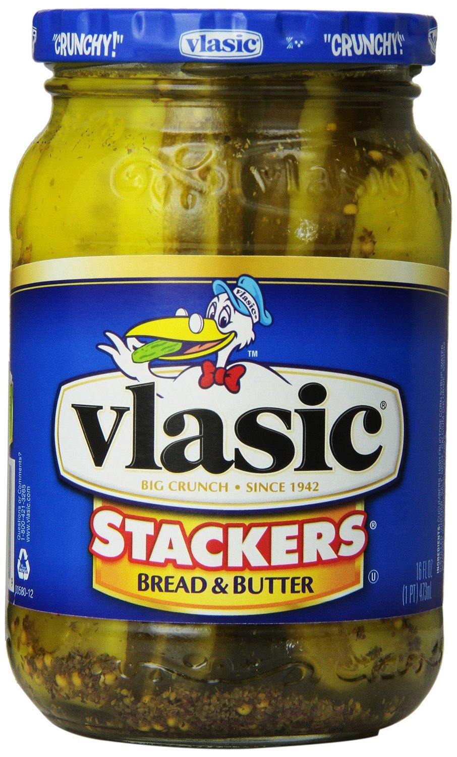 Vlasic Stackers Bread & Butter Pickles in a glass jar, perfect for snacks and sandwich toppings.