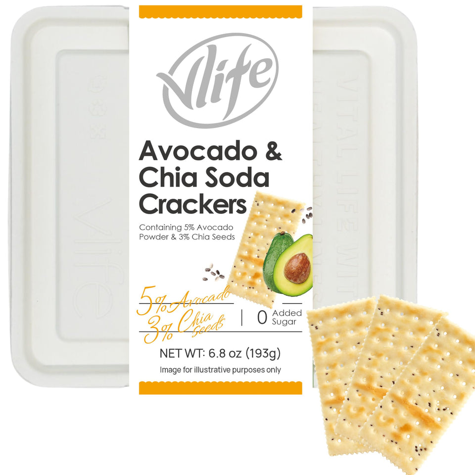 V-LOONG Avocado Chia Crackers pack showing avocado and chia ingredients for a wholesome snack.