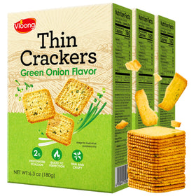 Vloong green onion thin crackers in package for on-the-go snacking.