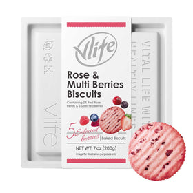 V-LOONG Rose Petal Biscuits close-up with real petals and fruit flavor.