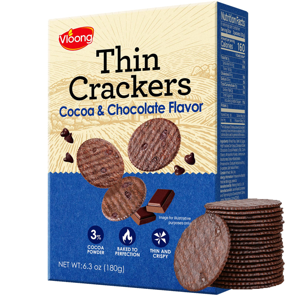 Vloong Ultra-Thin Cocoa Crackers box view, ideal for refined coffee pairing.