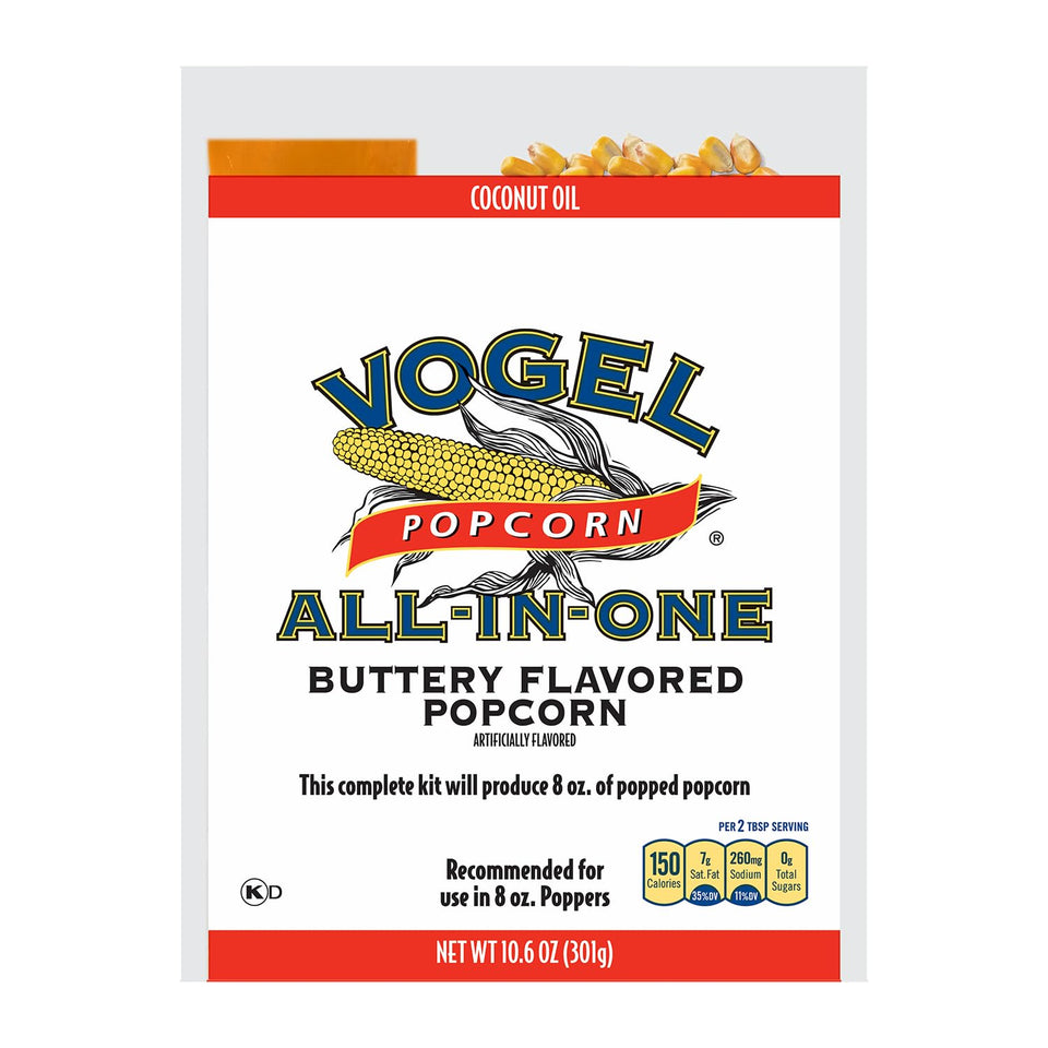 Vogel All-In-One Coconut Oil Popcorn Kit pack ready for quick, fluffy batches.