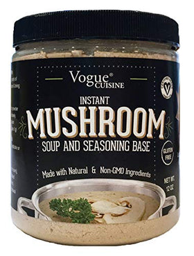 Vogue Cuisine Mushroom Soup & Seasoning Base packaging highlights gluten-free, low-sodium mix for versatile cooking