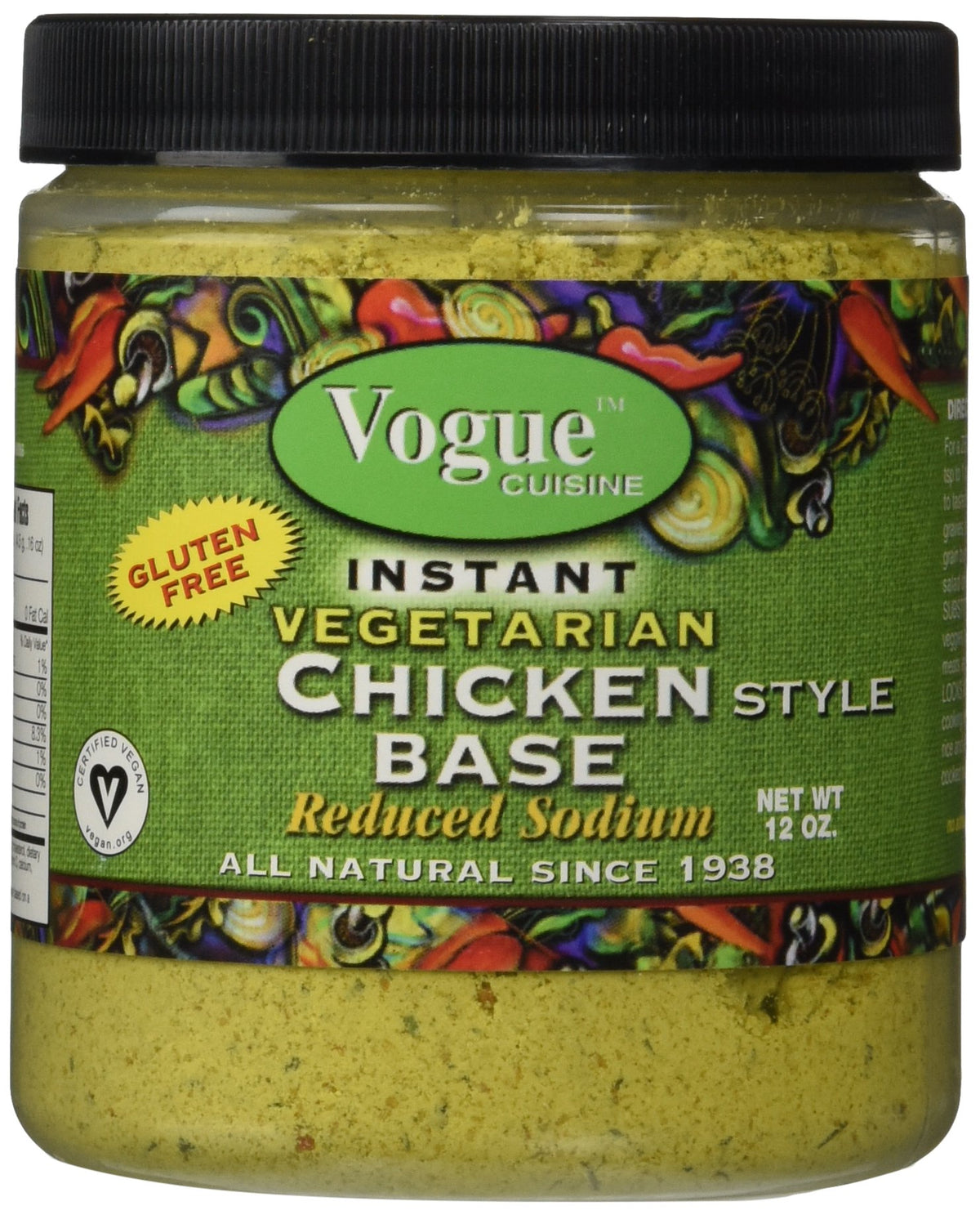 Vogue Cuisine Vegetarian Chicken Base jar shown, enhances soups and gravies.