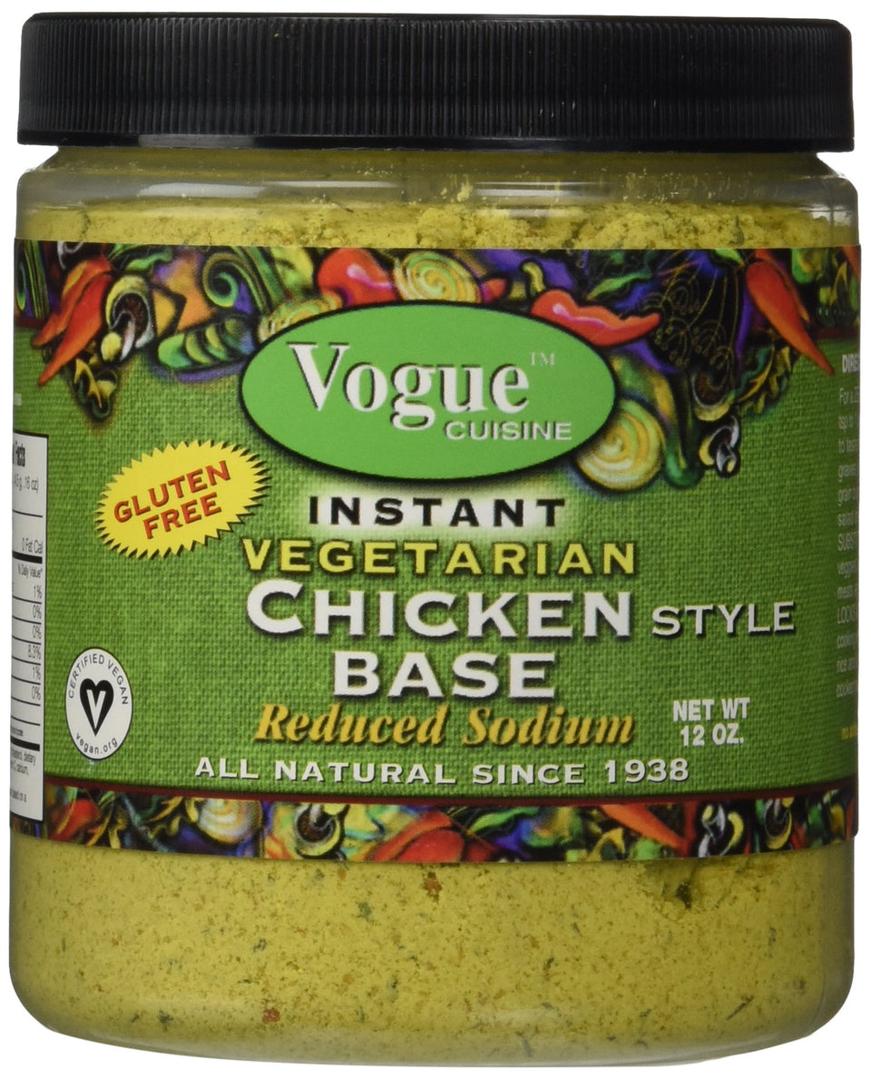 Vogue Cuisine Vegetarian Chicken Base jar shown, enhances soups and gravies.