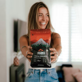 Volcanica Brazil Peaberry 16-ounce bag preserves freshness after opening.
