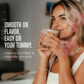Volcanica Coffee low-acid coffee whole bean bag focusing on freshness and grind flexibility.