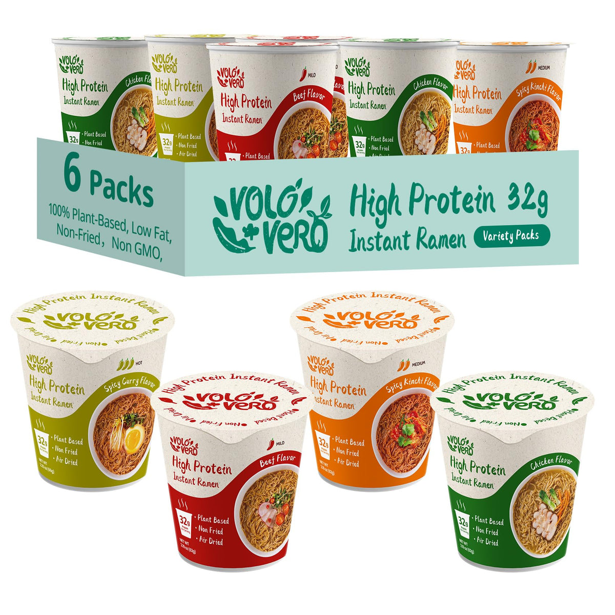 VOLO VERO Chicken ramen cup delivers savory aroma with plant-based protein for quick meals.