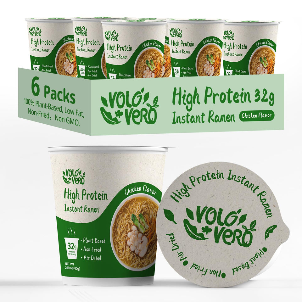VOLO VERO high protein ramen cup front pack highlights plant-based protein for quick meals.