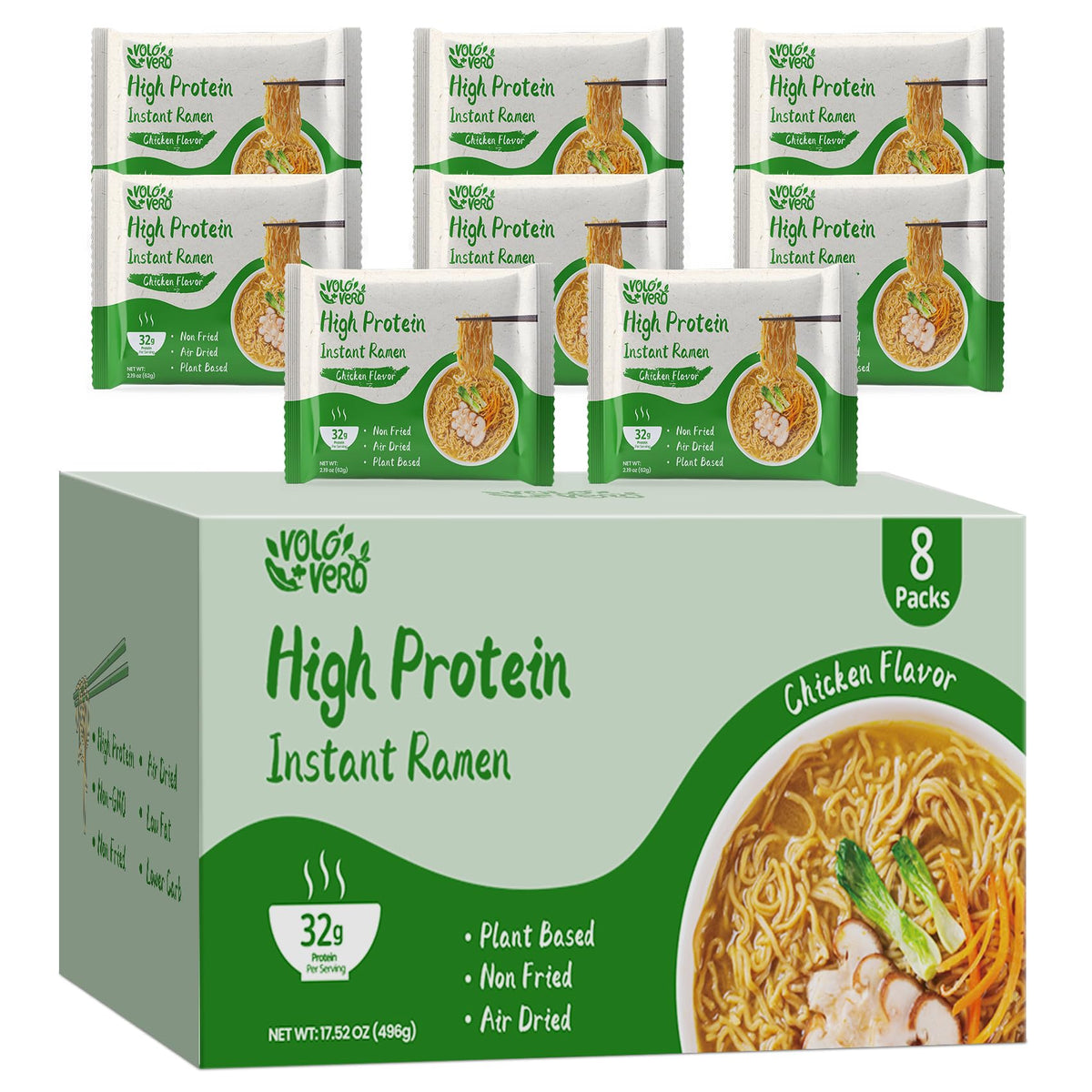 VOLO VERO high-protein ramen packaging showcases vegan chicken flavor for quick meals