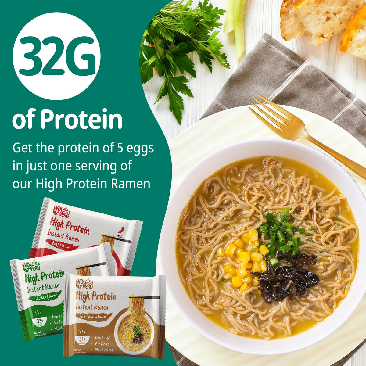 VOLO VERO plant-based ramen, dairy-free protein option