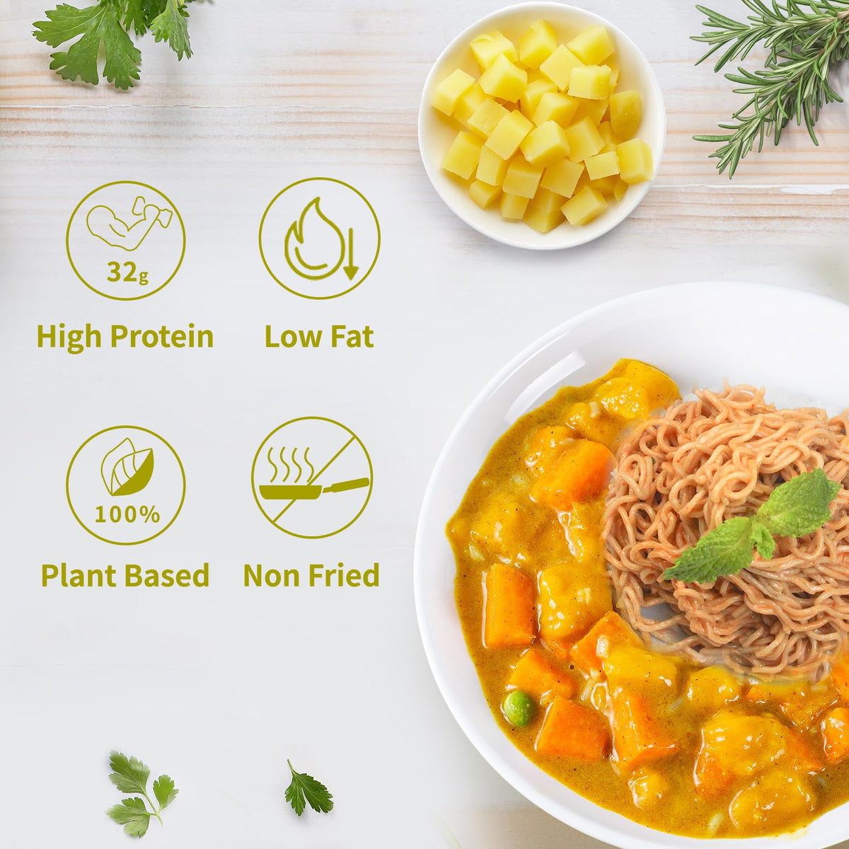 Close-up of VOLO VERO noodles in spicy curry broth, protein-rich