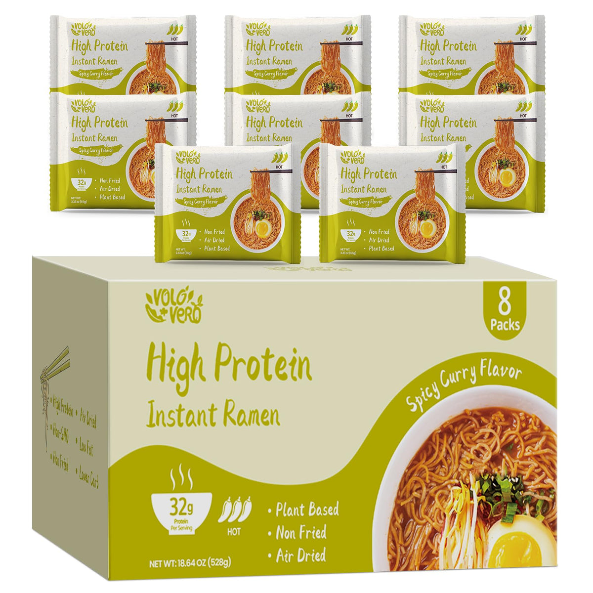 VOLO VERO High Protein ramen pack front view with spicy curry flavor, vegan-friendly