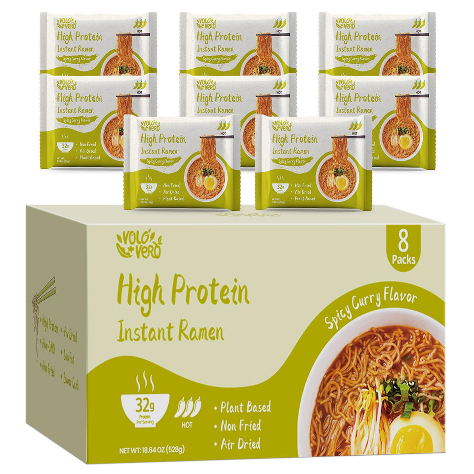 VOLO VERO High Protein ramen pack front view with spicy curry flavor, vegan-friendly