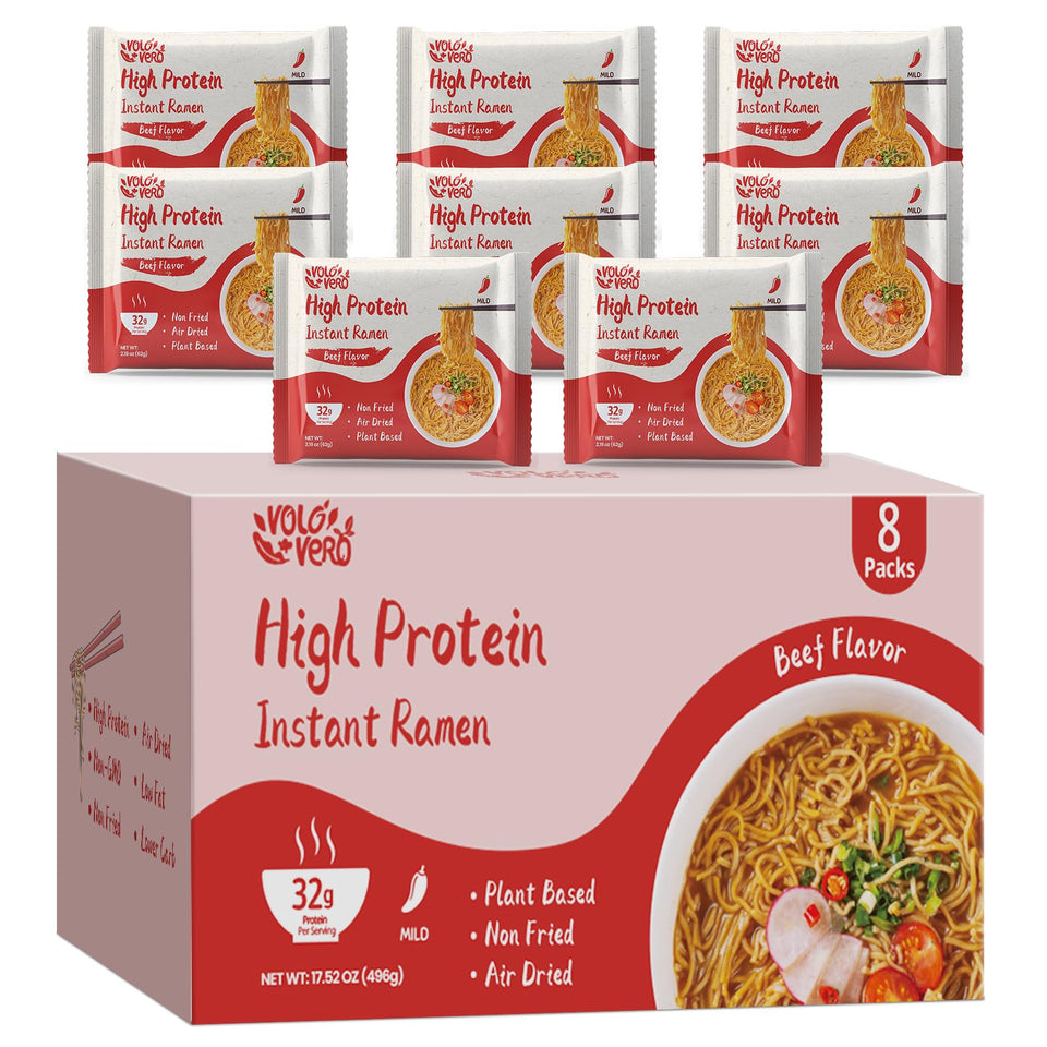 VOLO VERO Protein Ramen Spicy Beef eight-pack display, vegan meal option