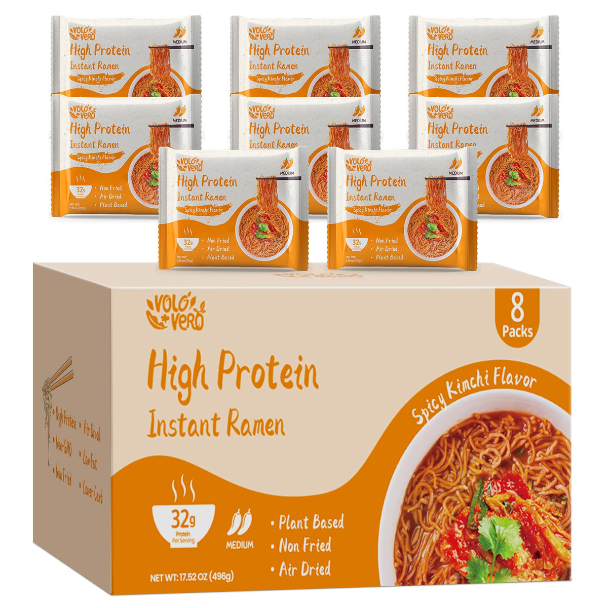 VOLO VERO spicy kimchi ramen packaging shows bold flavor and protein-packed goodness.