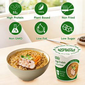 VOLO VERO vegan and non-GMO seal on noodles close-up underscores clean ingredients.