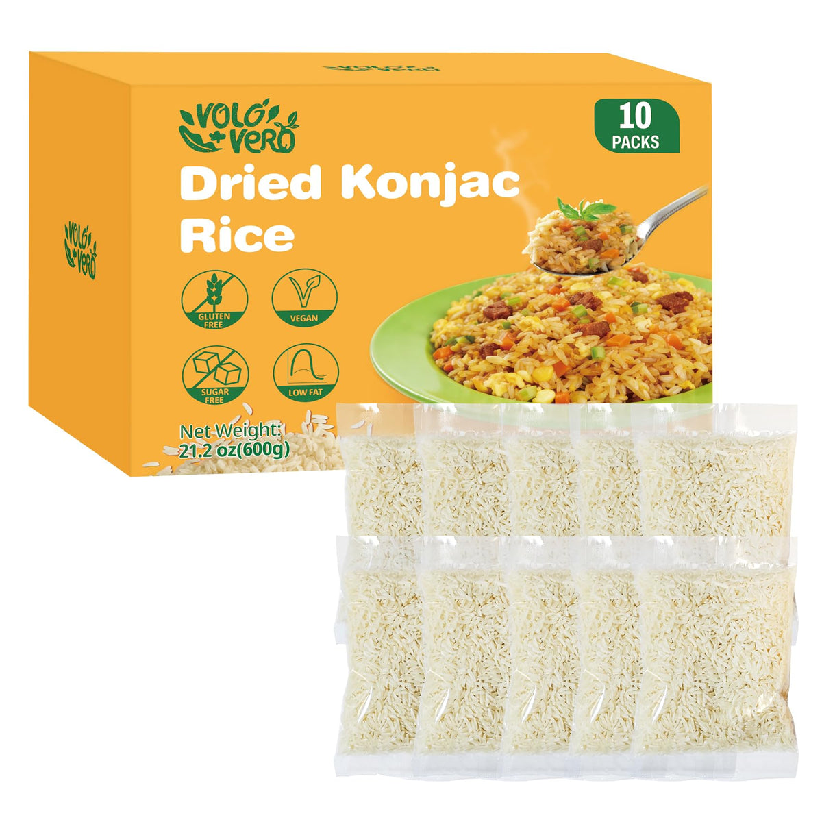 VOLO VERO dried Shirataki rice box with 10 pouches for quick meals.