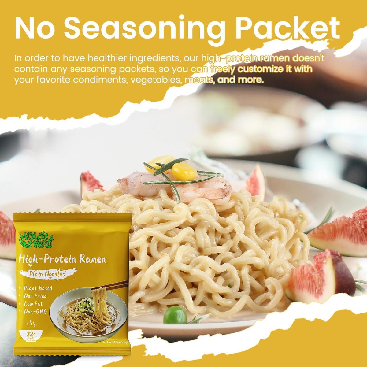VOLO VERO protein ramen plain noodles in soup with toppings