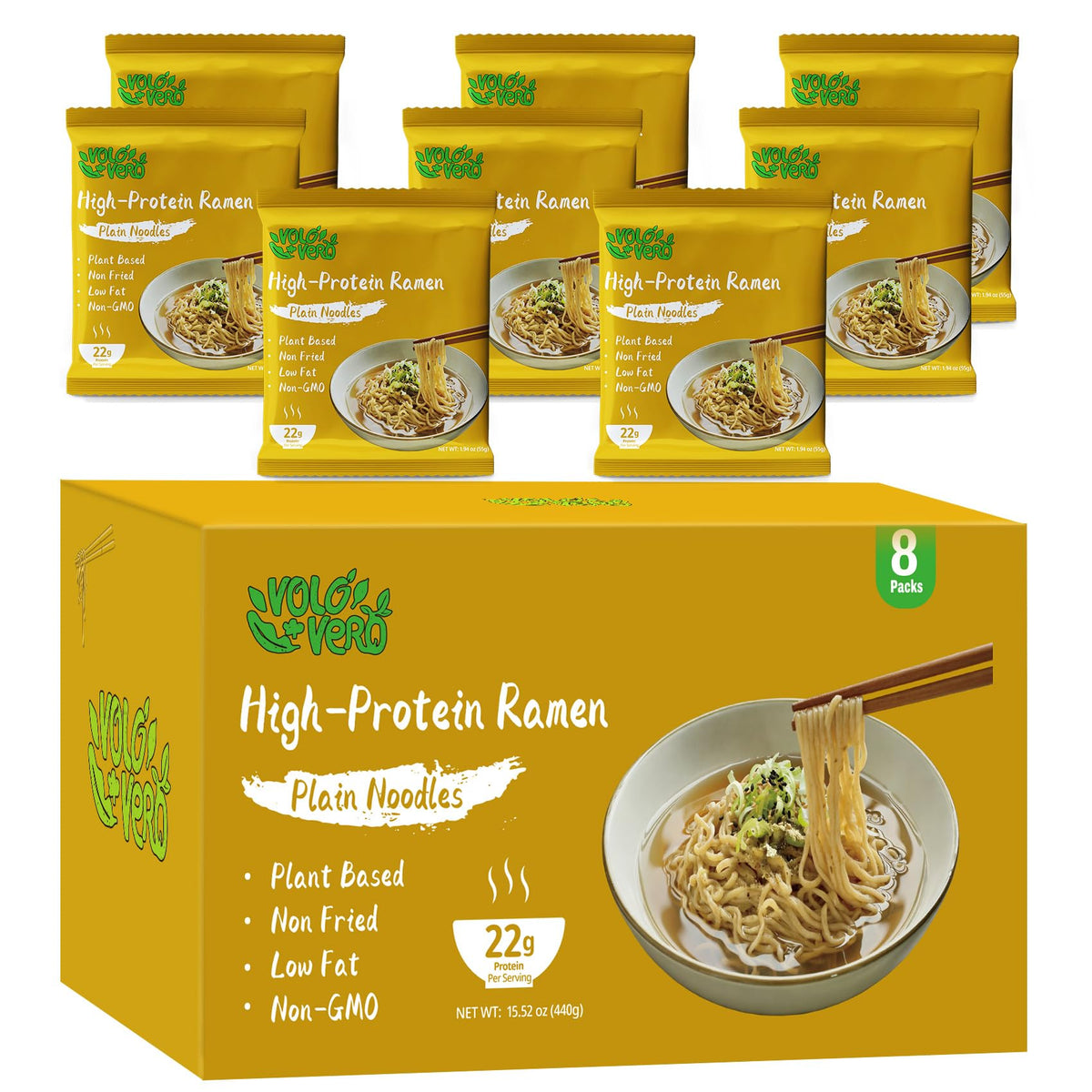VOLO VERO protein ramen plain noodles pack front highlighting high protein vegan noodles for quick meals