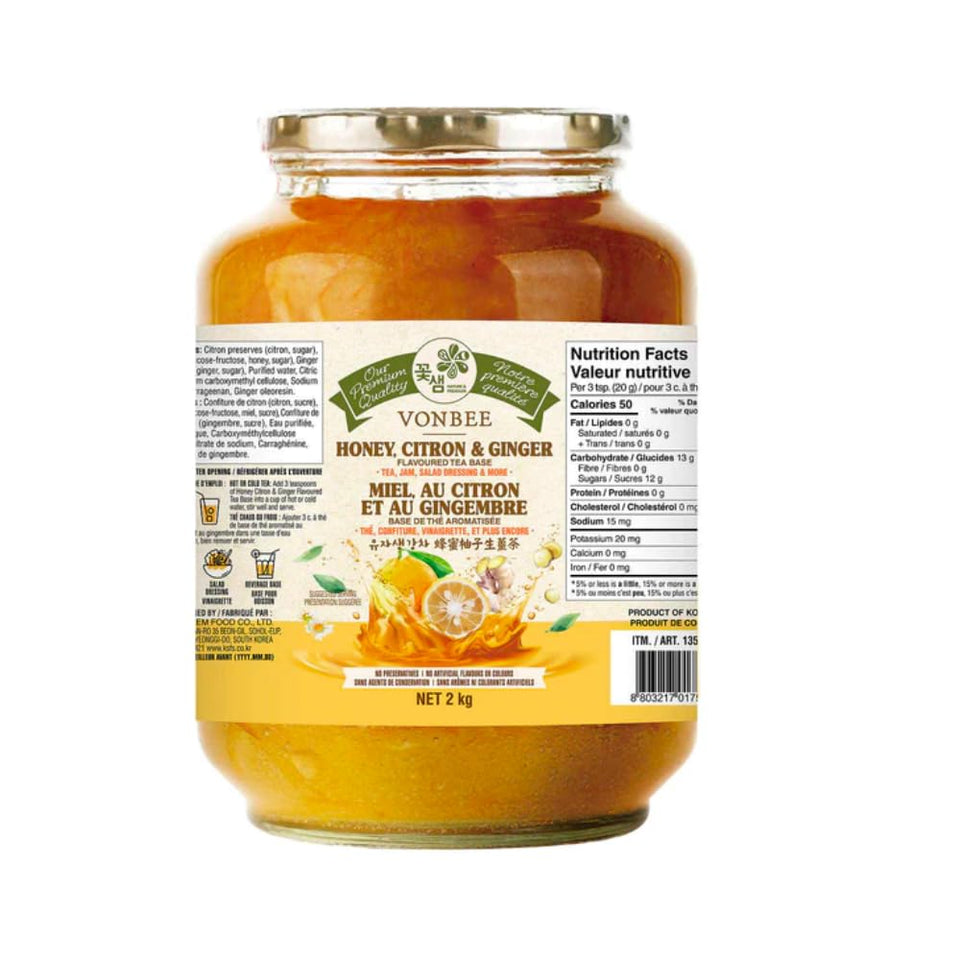 Vonbee Honey Citron Ginger Tea bulk pack, aromatic citrus and ginger for soothing hot or iced tea