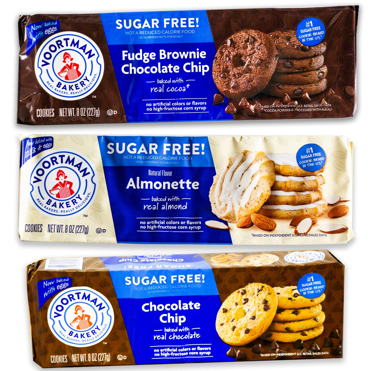 Circle of Drink Voortman sugar-free chocolate chip cookie 8oz pack, convenient snack option.