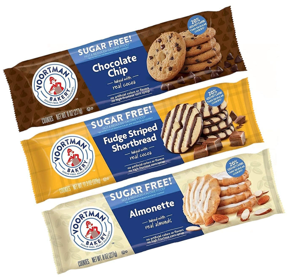 Voortman sugar-free wafers variety pack with chocolate chip, fudge stripe, and iced almonette for tasty sugar-free snacking.