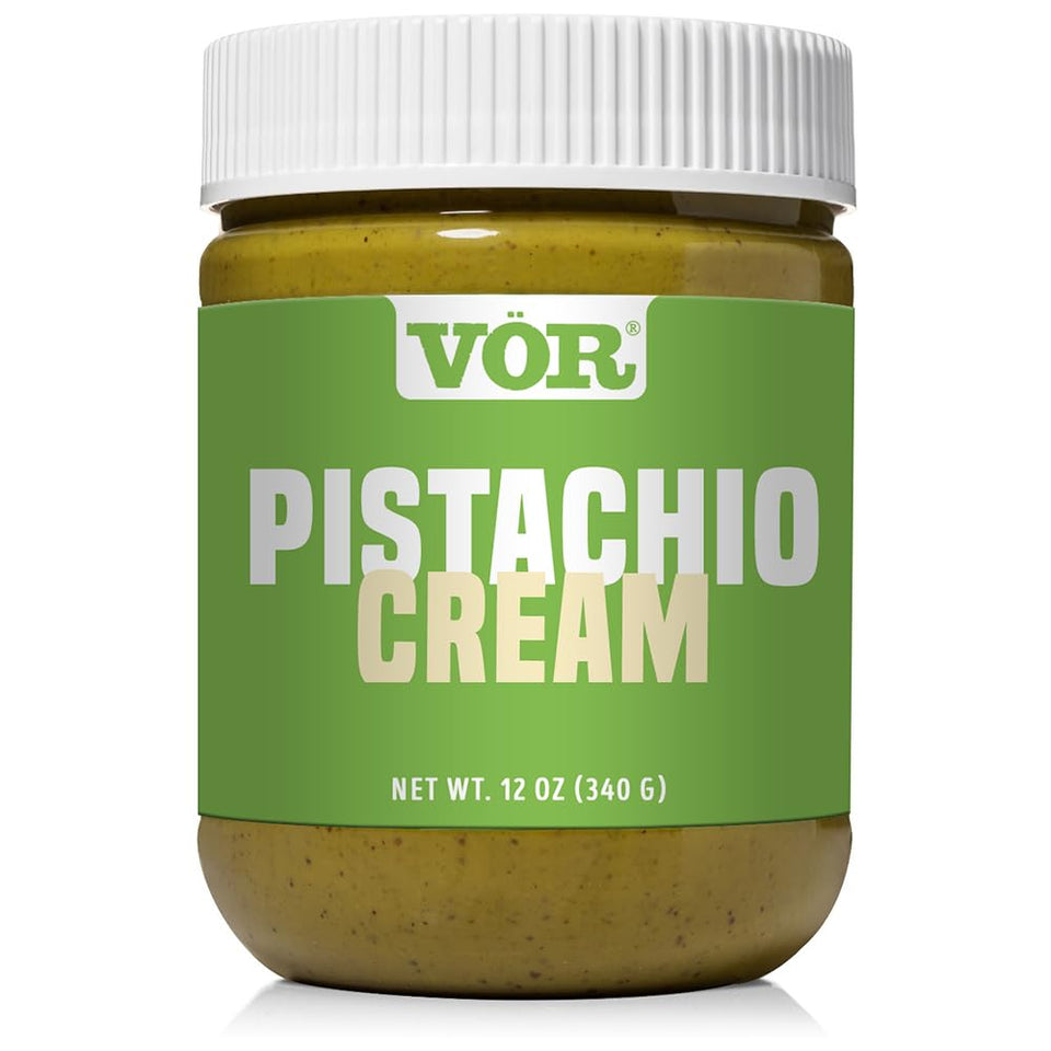 Vör Pistachio Cream jar close-up showing rich, creamy texture for premium desserts.