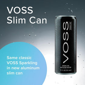 VOSS can pouring into a glass showcases premium sparkling water.
