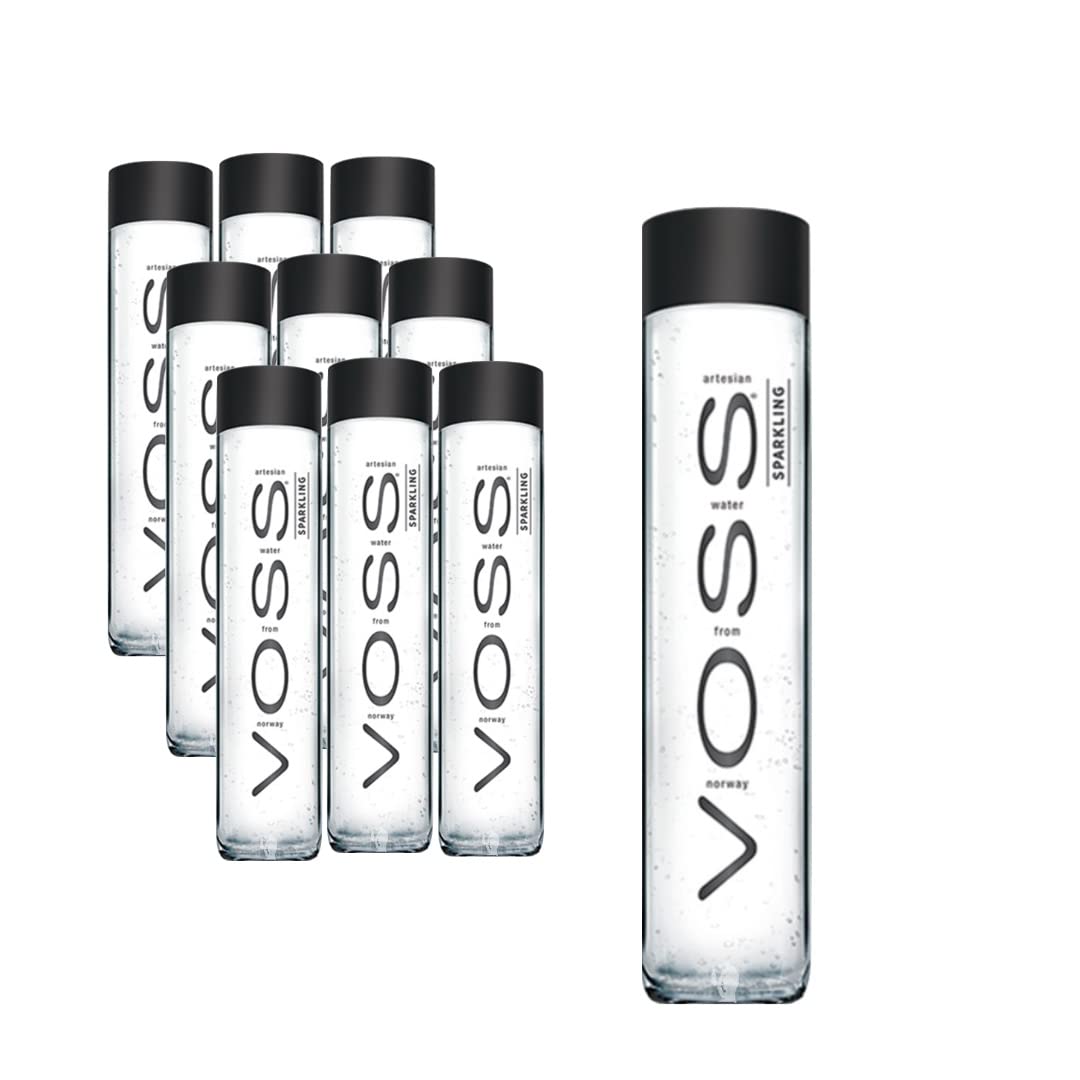 VOSS sparkling water bottle closeup in glass highlights premium packaging for crisp refreshment.
