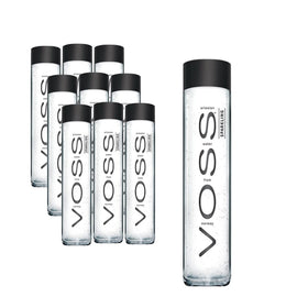 VOSS sparkling water bottle closeup in glass highlights premium packaging for crisp refreshment.