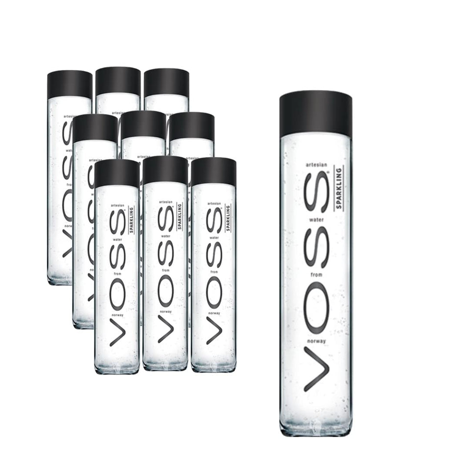 VOSS sparkling water bottle closeup in glass highlights premium packaging for crisp refreshment.