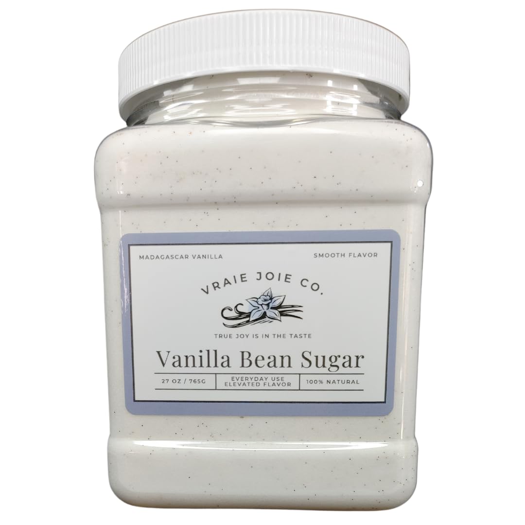 Vraie Joie Co vanilla sugar jar top view, premium packaging for easy scooping and freshness.